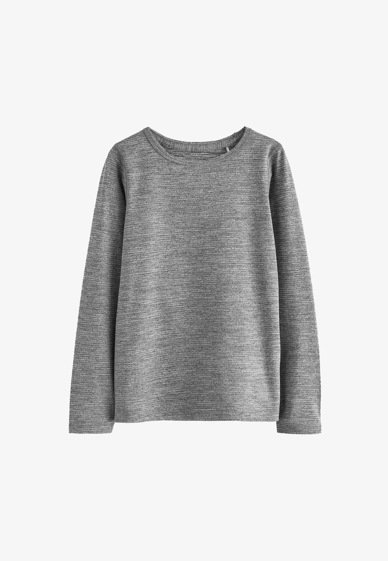 Gray long-sleeve sweater with a round neckline. Textured fabric featuring a horizontal striped pattern. Relaxed fit with flat seams.
