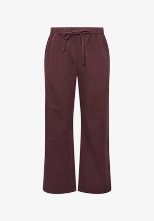 Ciemnobordowe spodnie o szerokich nogawkach z elastycznym pasem i regulowanym sznurkiem, wykonane z miękkiego materiału.