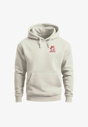Beige hoodie with front pocket and red logo of a cat holding pizza above the word "NEVERLESS" on the chest.
