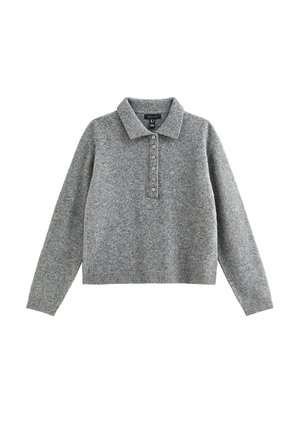 Suéter gris de punto de manga larga con cuello y tapeta de seis botones, puños y dobladillo acanalados.