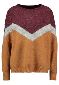 Chunky stickad tröja med ett mönster i maroon, grå och rostfärgade chevrons. Mjuk textur med ribbade ärmslut och nederkant. Oversized passform, rund halsringning.