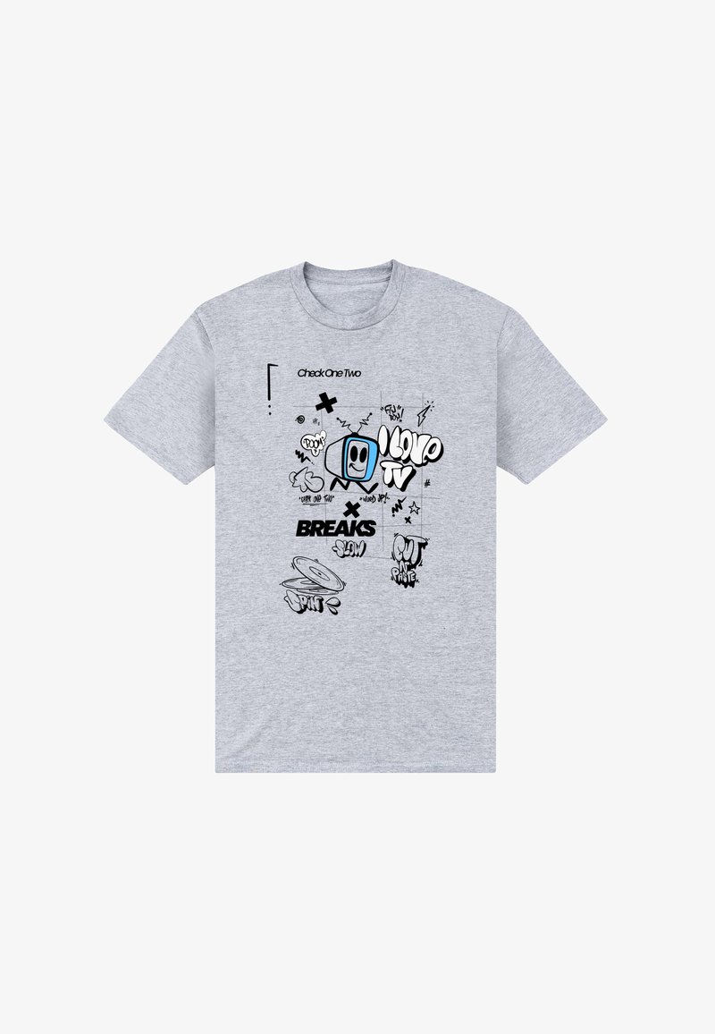 Szara koszulka z czarno-niebieskimi grafikami w stylu graffiti, zawierająca retro telewizor, winylową płytę i teksty takie jak „Breaks” i „I love TV.”