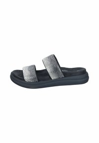 Slide sandal with black rubber sole, two textured straps featuring silver rhinestones. Soft black inner lining for comfort.