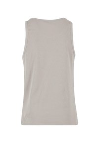 Helles graues Tanktop, gerippte Struktur, runder Ausschnitt, ärmelloses Design, mit geradem Saum und ohne sichtbare Verzierungen.