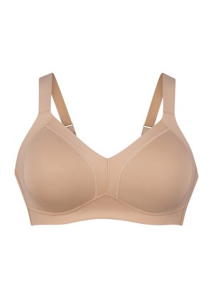 Beiger BH aus glattem, dehnbarem Material. Geformte Cups, breite Träger und kein zusätzliches Zubehör. Einfaches Design, nahtloses Erscheinungsbild.