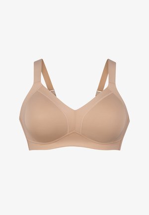 Beige bh van een gladde, rekbare stof. Gecoate cups, brede bandjes en geen extra bevestigingsmaterialen. Eenvoudig ontwerp, naadloze uitstraling.