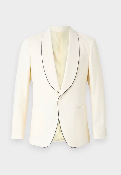 White blazer with black piping along the shawl collar, single button closure, and one chest pocket. Smooth fabric and tailored fit.