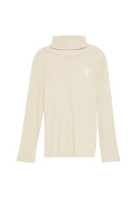 Crèmekleurige geribbelde lange mouw turtleneck trui met een klein geborduurd sterretje op de bovenste linkerborst.