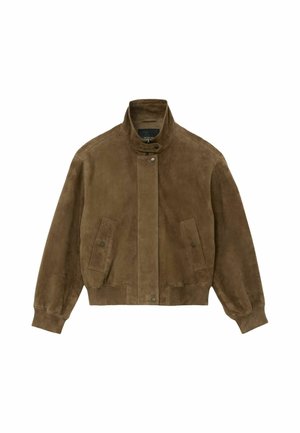 Veste bomber en daim marron avec col montant à boutons-pression, poches avant avec fermetures à boutons-pression et poignets et ourlet côtelés.
