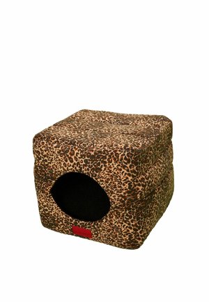 Leopard print soft cube-shaped pet bed with a circular entrance and cushioned top for resting or hiding.
