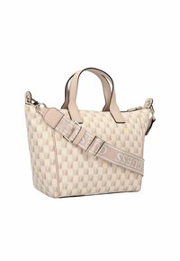 Sac à main à motif à carreaux en rose clair et crème, avec des poignées courtes et une bandoulière amovible et réglable. Présente des accents en métal.