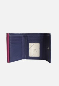 Leather bifold wallet in navy and burgundy, featuring multiple card slots, a transparent ID window, and a textured finish.