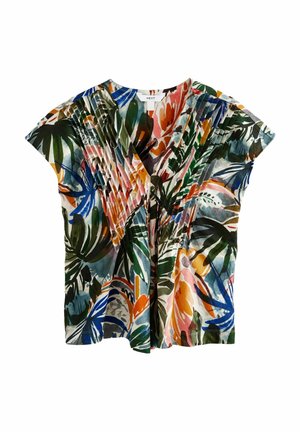 Blouse à manches courtes au motif floral vibrant avec des verts, des bleus et des oranges. Décolleté plongeant avec des plis froncés à l'avant.