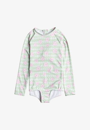 Langærmet svømmedragt med en lys grøn bundfarve og hvide og pink blomster mønstre, rund halsudskæring og lynlåslukning bagpå.