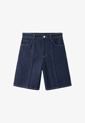 Short en denim foncé à coupe décontractée, avec deux poches avant, une braguette à fermeture éclair et un bouton. Coutures apparentes de couleur contrastante.