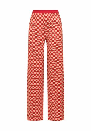 Pantalon rouge à jambes larges avec motif géométrique en forme de losange beige et taille élastique.