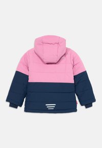 Child’s hooded winter jacket with pink upper half and navy blue lower half, shown from the back on a white background.