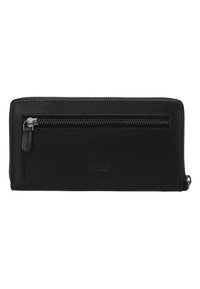 Sort læderpung med RFID-blokering, frontlomme med lynlås og sølvfarvet lynlåstræk, rektangulær form, minimalistisk design.