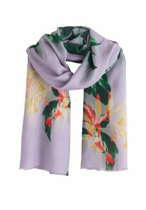 Jasnofioletowy szalik z kwiatowymi wzorami w kolorze zielonym, różowym i żółtym. Miękka tekstura z frędzlami, odpowiedni na różne okazje.