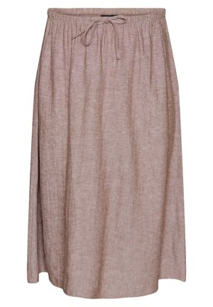 Svetlohnedá sukňa dĺžky po kolená s elastickým pásom a predným zaväzovacím šnúrkou, vyrobená z textúrovaného materiálu.