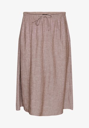 Helepruun põlvekõrgune seelik, millel on elastne vöökoht ja ees sõlmitav nöör, valmistatud tekstuurse kangast.