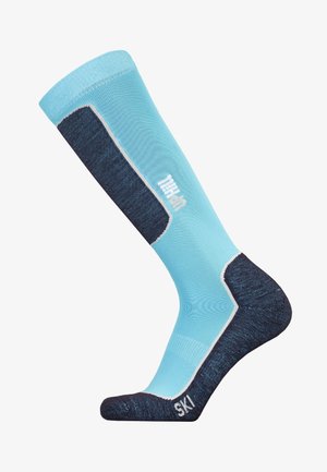 Kniestrümpfe für den Ski in Hellblau und Dunkelblau. Mit geripptem Design, kontrastierenden Akzenten und weißem Branding an der Seite.