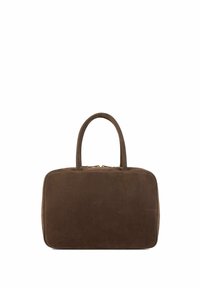 Brown suede handbag with a rectangular shape, two top handles, zipper closure, and smooth texture. Features no visible hardware or patterns.