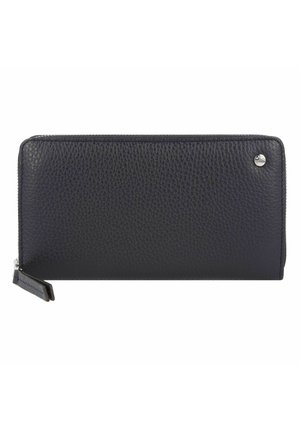 Black leather wallet with a textured finish, zip closure, and a wrist strap. Features a small metal accent on the front side.