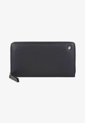 Black leather wallet with a textured finish, zip closure, and a wrist strap. Features a small metal accent on the front side.