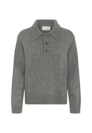 Suéter de punto gris con cuello tipo camisa, cuatro botones en la parte frontal, puños acanalados y una superficie texturizada para mayor calidez.