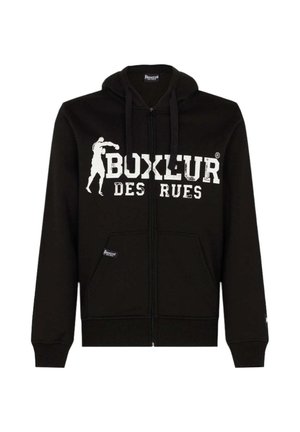 Black zip-up hoodie made of cotton, featuring a large white graphic text "BOXEUR DES RUES" and a boxing silhouette on the front.