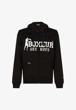 Black zip-up hoodie made of cotton, featuring a large white graphic text "BOXEUR DES RUES" and a boxing silhouette on the front.