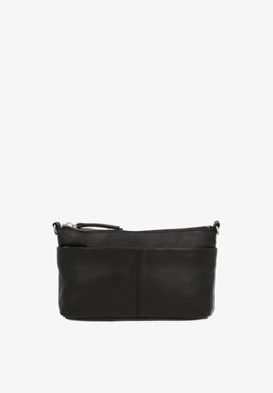 Lille sort læderpunge med frontlomme og sølv lynlås på toppen mod en hvid baggrund.