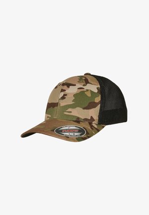 Camouflage cap with a solid black mesh back. Features a curved brim and flexible fitting. Fabric is a blend of browns and greens.