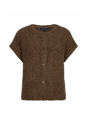 Cardigan marron à manches courtes texturé, boutonné, avec un col rond et quatre boutons sur le devant.