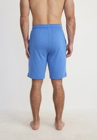 Blauwe katoen shorts met een elastische tailleband, tot halverwege de dijen. Bevat zijzakken en een gladde textuur. Gezien van achteren.