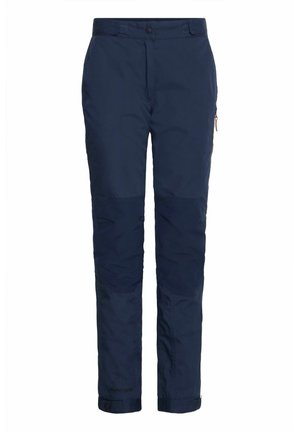 Navy waterproof pants with a straight cut, reinforced knee patches, zippered pockets, and a textured fabric finish.
