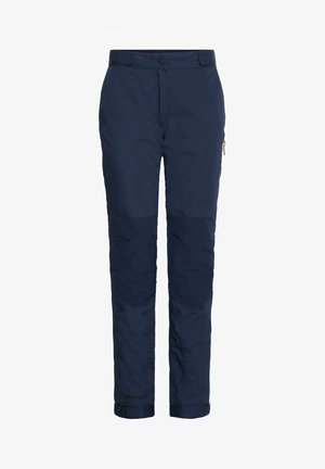 Marineblauwe waterdichte broek met een rechte snit, versterkte kniebeschermers, ritszakken en een gestructureerde stofafwerking.