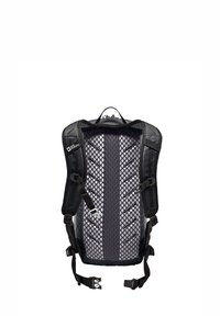 Schwarzer und grauer Rucksack mit einem strukturierten Mesh-Rücken, verstellbaren Schulterriemen und auffälligen Webakzenten im Design.