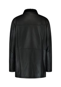 Black leather jacket with a relaxed fit, featuring a collar, smooth texture, and minimal seam detailing on the back.