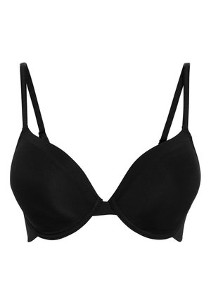 Schwarzer BH mit einem glatten, vorgeformten Cups-Design und verstellbaren Trägern. Hergestellt aus einem weichen, dehnbaren Material für Komfort und Unterstützung.