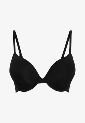 Mustat rintaliivit, joissa on sileä, muotoiltu kupin muotoilu ja säädettävät olkaimet. Valmistettu pehmeästä ja joustavasta materiaalista mukavuutta ja tukea varten.