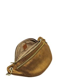 Ceinture en daim marron avec une fermeture éclair dorée, partiellement ouverte pour montrer l'intérieur en tissu à motifs floraux beige et blanc.