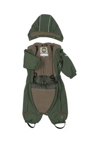 Žalia izoliuota sniego kostiumas su smėlio spalvos vilnos pamušalu, nuimamu gaubtu, elastiniais rankogaliais ir reguliuojamais pėdų dirželiais. Turi užtrauktuką ir spaustukų užsegimus.