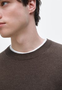 Mörkbrun tröja med rund hals, ribbad halsringning och finstickad textur, lager-på-lager över en vit skjorta.