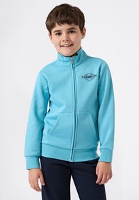 Giacca in fleece blu chiaro con zip e colletto alto, due tasche frontali e logo stampato. Tessuto morbido e polsini a costine sulle maniche.