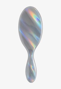 Haarborstel met een ovale vorm, gemaakt van reflecterend, veelkleurig plastic, met een gladde oppervlakte en een taps toelopende handgreep.