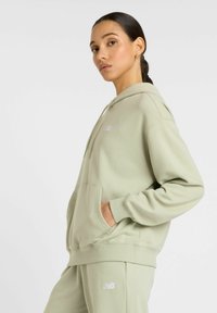 Hoodie vert clair en tissu doux, avec une poche kangourou, des poignets côtelés et un petit logo sur la poitrine. Texture lisse.