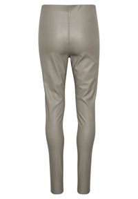 Fitted, high-waisted leggings in soft, textured taupe faux leather. Features a smooth finish and tapered legs. No visible seams or embellishments.