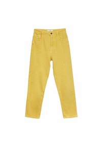 Gula denimjeans med rak passform, fem fickor och knappstängning. Slät textur och minimal sömsdetalj.